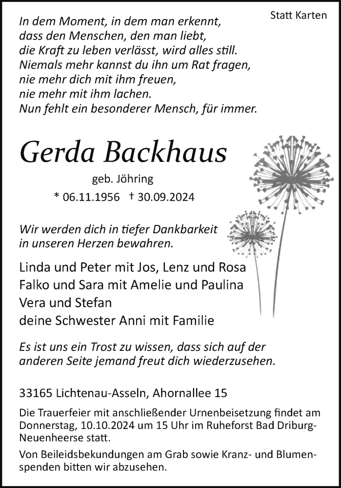  Traueranzeige für Gerda Backhaus vom 05.10.2024 aus Westfalen Blatt