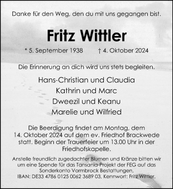 Traueranzeige von Fritz Wittler von Westfalen Blatt