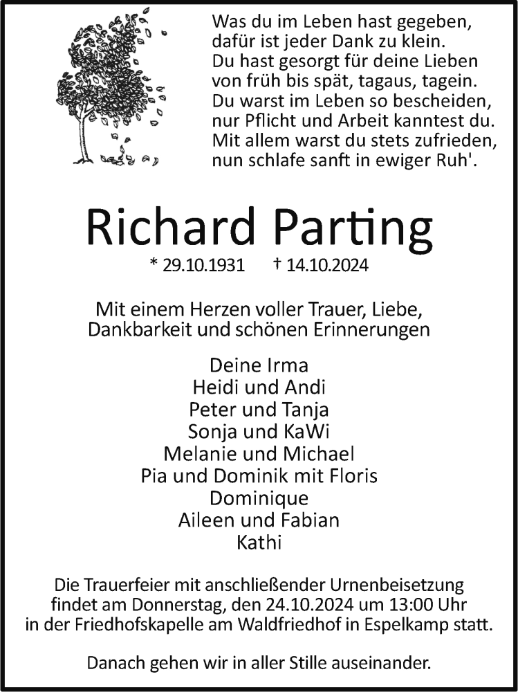  Traueranzeige für Richard Parting vom 17.10.2024 aus Westfalen Blatt