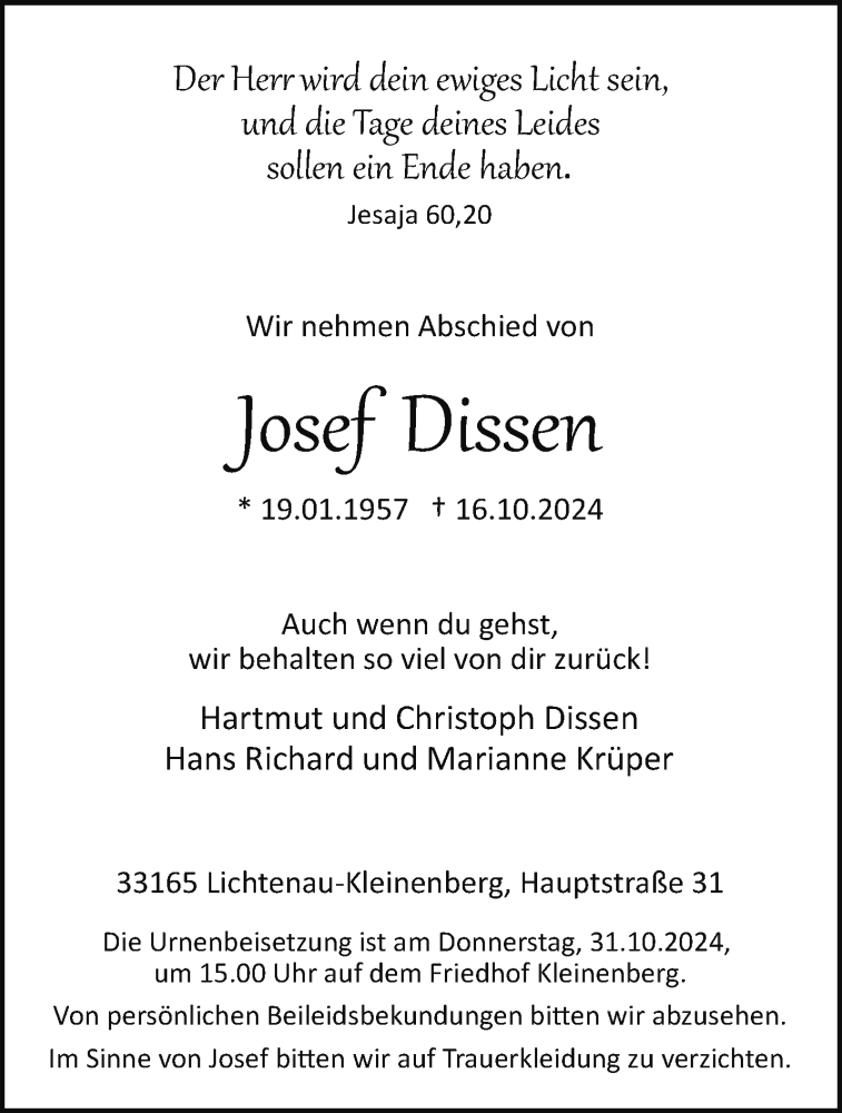  Traueranzeige für Josef Dissen vom 26.10.2024 aus Westfalen Blatt