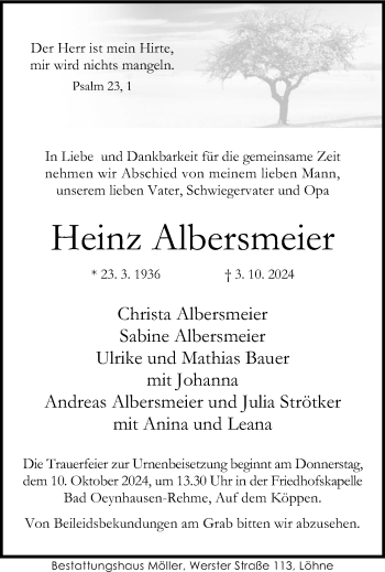 Traueranzeige von Heinz Albersmeier von Westfalen Blatt