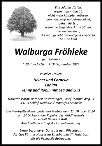 Traueranzeige von Walburga Fröhleke von Westfalen Blatt