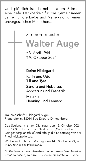 Traueranzeige von Walter Auge von Westfalen Blatt