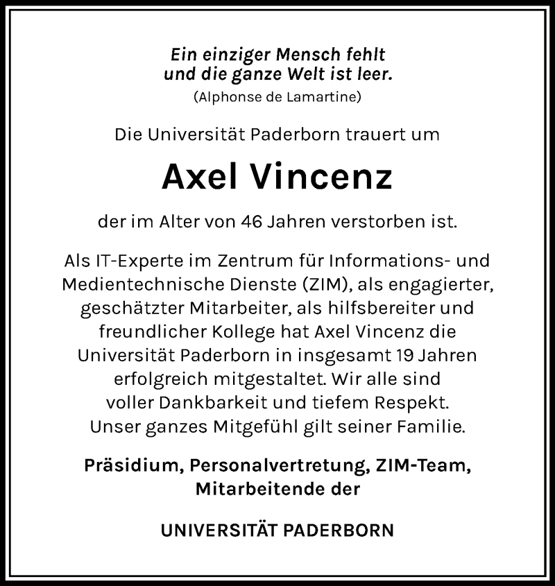  Traueranzeige für Axel Vincenz vom 12.10.2024 aus Westfalen Blatt