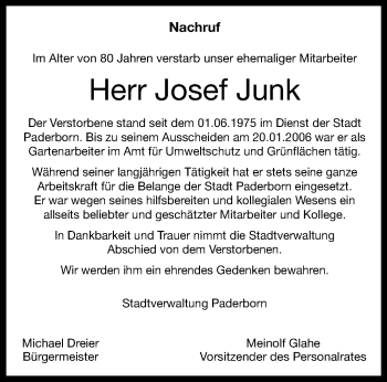 Traueranzeige von Josef Junk von Westfalen Blatt