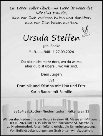 Traueranzeige von Ursula Steffen von Westfalen Blatt