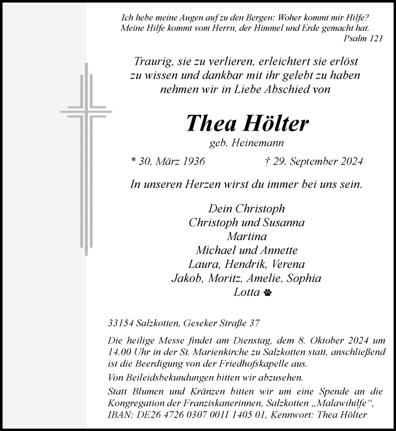  Traueranzeige für Thea Hölter vom 05.10.2024 aus Westfalen Blatt