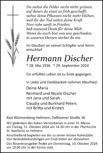 Traueranzeige von Hermann Discher von Westfalen Blatt