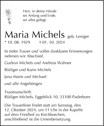 Traueranzeige von Maria Michels von Westfalen Blatt