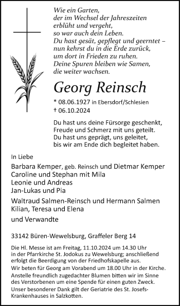 Traueranzeige von Georg Reinsch von Westfalen Blatt