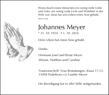 Traueranzeige von Johannes Meyer von Westfalen Blatt