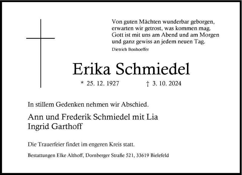  Traueranzeige für Erika Schmiedel vom 12.10.2024 aus Westfalen Blatt