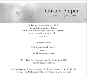 Traueranzeige von Gustav Pieper von Westfalen Blatt