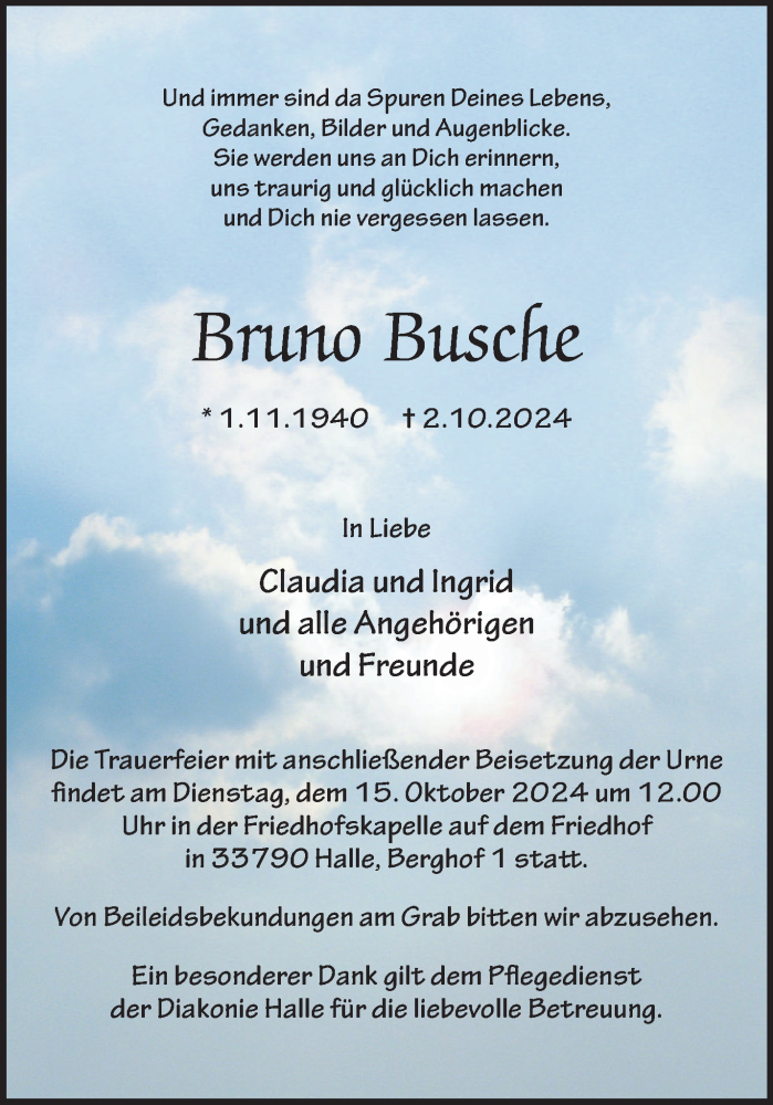  Traueranzeige für Bruno Busche vom 09.10.2024 aus Westfalen Blatt