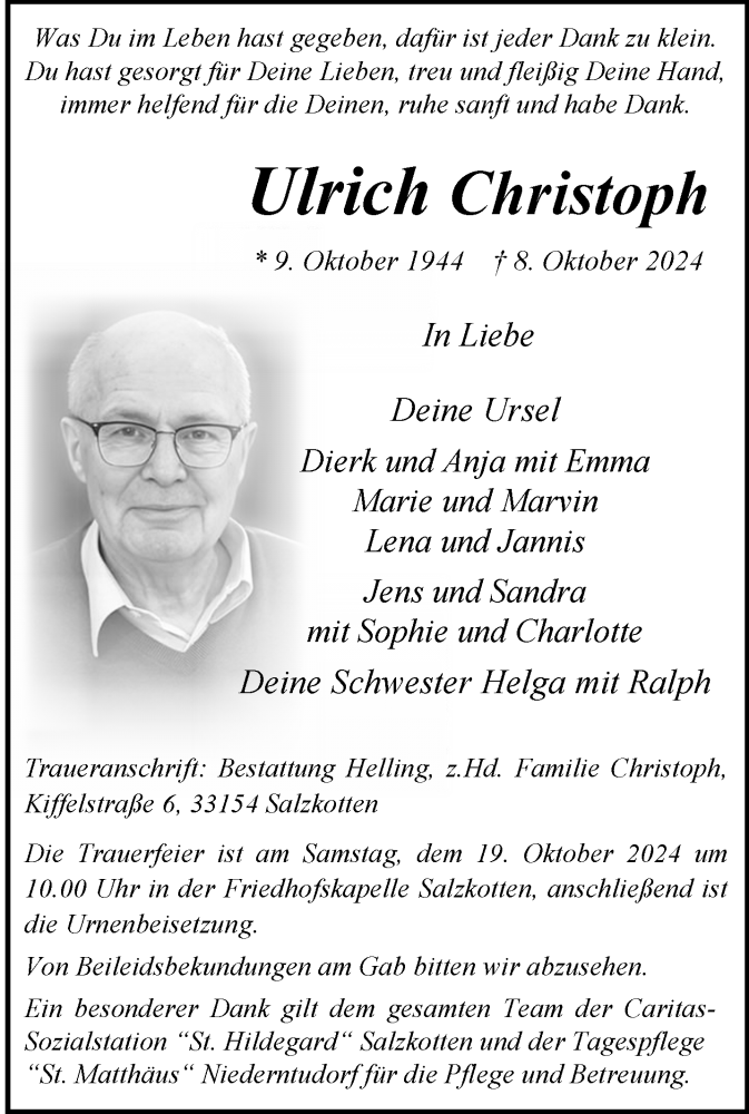  Traueranzeige für Ulrich Christoph vom 12.10.2024 aus Westfalen Blatt