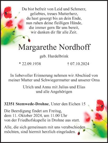 Traueranzeige von Margarethe Nordhoff von Westfalen Blatt