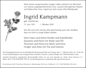 Traueranzeige von Ingrid Kampmann von Westfalen Blatt