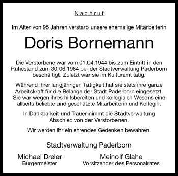 Traueranzeige von Doris Bornemann von Westfalen Blatt
