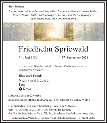 Traueranzeige von Friedhelm Spriewald von Westfalen Blatt
