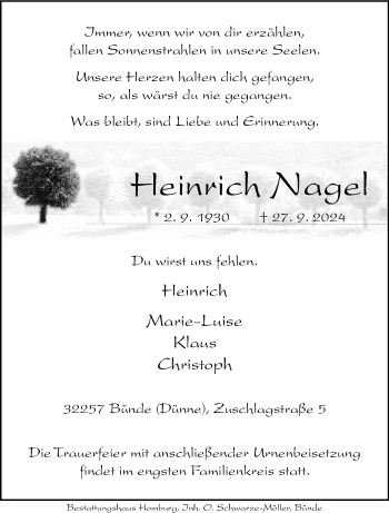 Traueranzeige von Heinrich Nagel von Westfalen Blatt