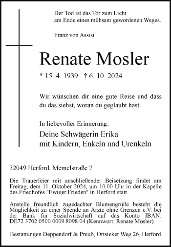 Traueranzeige von Renate Mosler von Westfalen Blatt