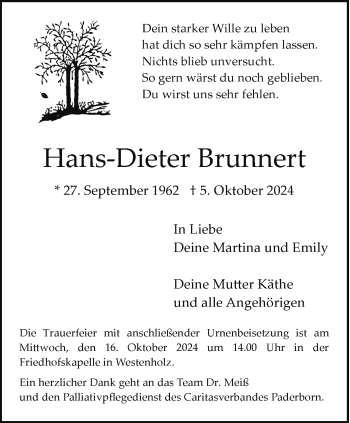 Traueranzeige von Hans-Dieter Brunnert von Westfalen Blatt
