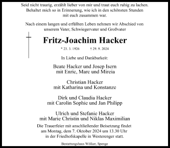 Traueranzeige von Fritz-Joachim Hacker von Westfalen Blatt