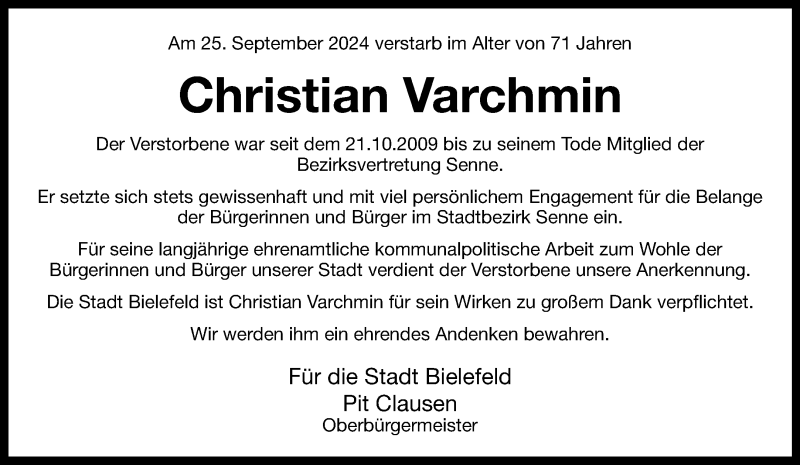  Traueranzeige für Christian Varchmin vom 12.10.2024 aus Westfalen Blatt