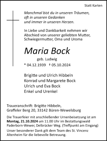 Traueranzeige von Maria Bock von Westfalen Blatt