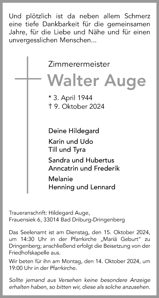  Traueranzeige für Walter Auge vom 12.10.2024 aus Westfalen Blatt
