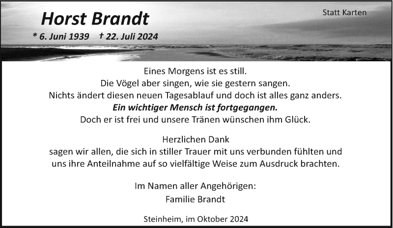  Traueranzeige für Horst Brandt vom 12.10.2024 aus Westfalen Blatt