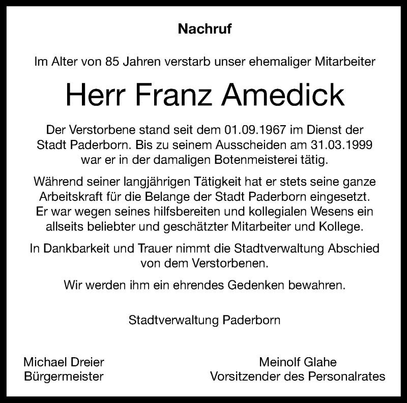  Traueranzeige für Franz Amedick vom 22.10.2024 aus Westfalen Blatt