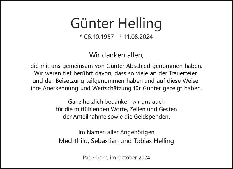  Traueranzeige für Günter Helling vom 05.10.2024 aus Westfalen Blatt