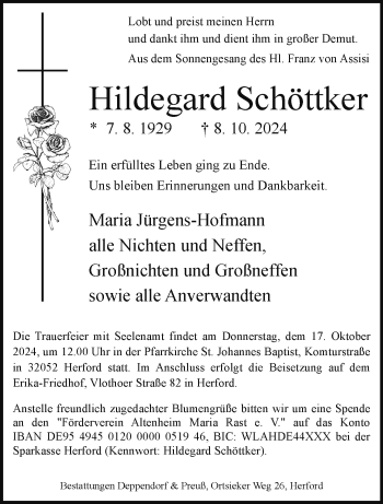 Traueranzeige von Hildegard Schöttker von Westfalen Blatt