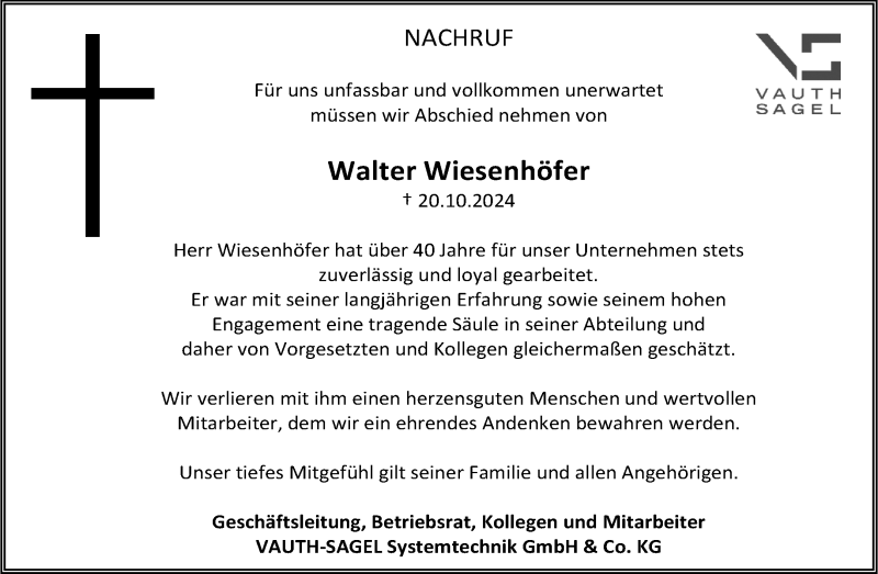 Traueranzeige für Walter Wiesenhöfer vom 26.10.2024 aus Westfalen Blatt