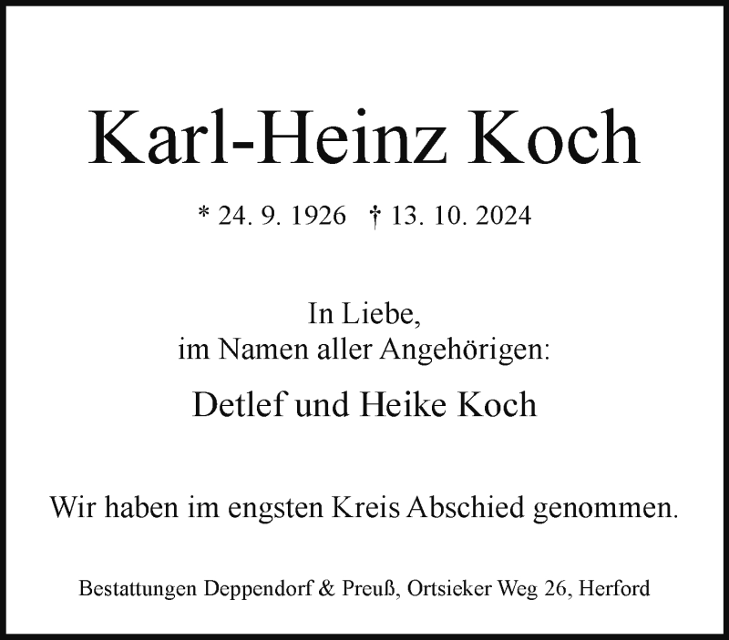  Traueranzeige für Karl-Heinz Koch vom 26.10.2024 aus Westfalen Blatt