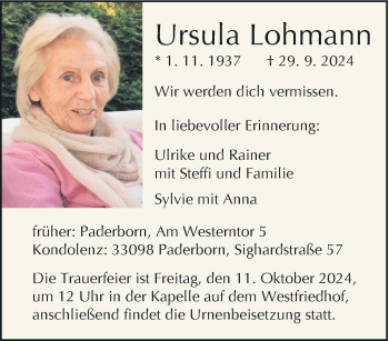 Traueranzeige von Ursula Lohmann von Westfalen Blatt