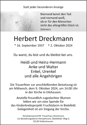 Traueranzeige von Herbert Dreckmann von Westfalen Blatt