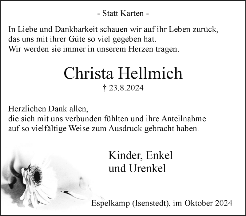  Traueranzeige für Christa Hellmich vom 05.10.2024 aus Westfalen Blatt