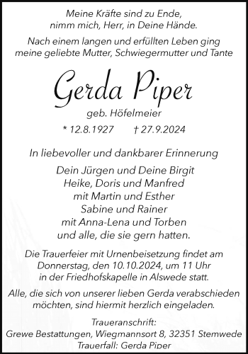 Traueranzeige von Gerda Piper von Westfalen Blatt