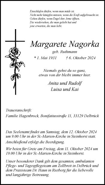 Traueranzeige von Margarete Nagorka von Westfalen Blatt