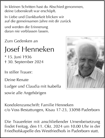 Traueranzeige von Josef Henneken von Westfalen Blatt