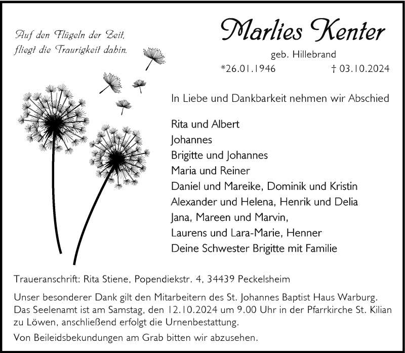  Traueranzeige für Marlies Kenter vom 05.10.2024 aus Westfalen Blatt