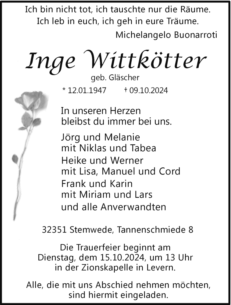  Traueranzeige für Inge Wittkötter vom 12.10.2024 aus Westfalen Blatt