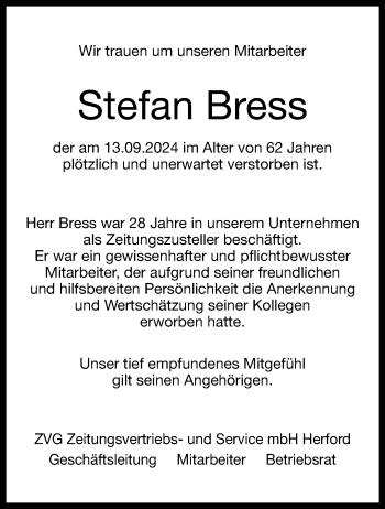 Traueranzeige von Stefan Bress von Westfalen Blatt