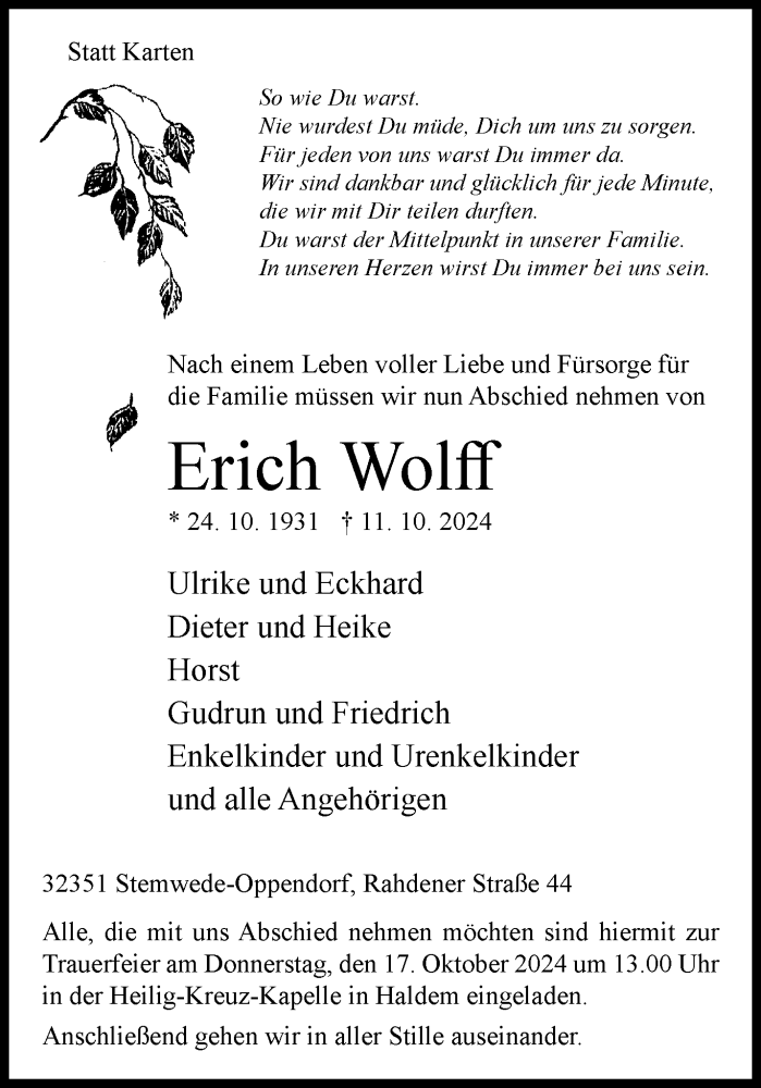  Traueranzeige für Erich Wolff vom 15.10.2024 aus Westfalen Blatt