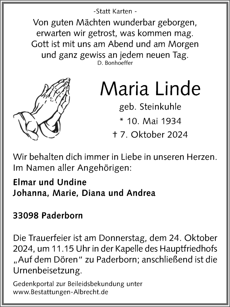  Traueranzeige für Maria Linde vom 15.10.2024 aus Westfalen Blatt