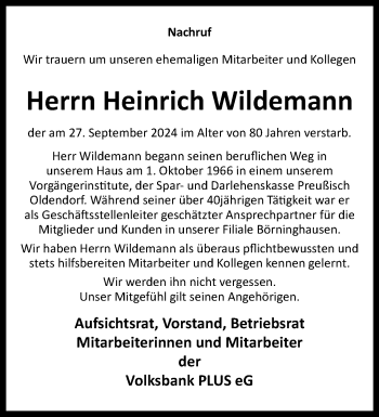 Traueranzeige von Heinrich Wildemann von Westfalen Blatt