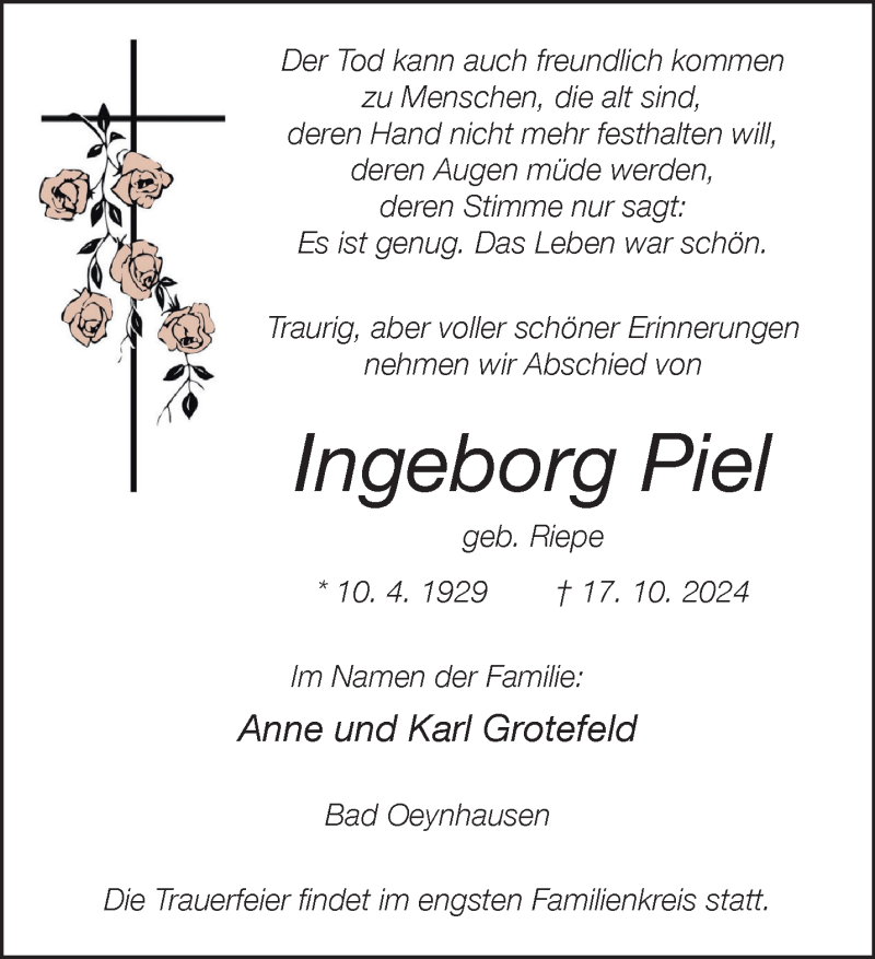  Traueranzeige für Ingeborg Piel vom 26.10.2024 aus Westfalen Blatt