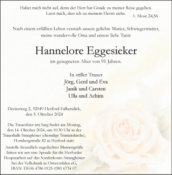 Traueranzeige von Hannelore Eggesieker von Westfalen Blatt